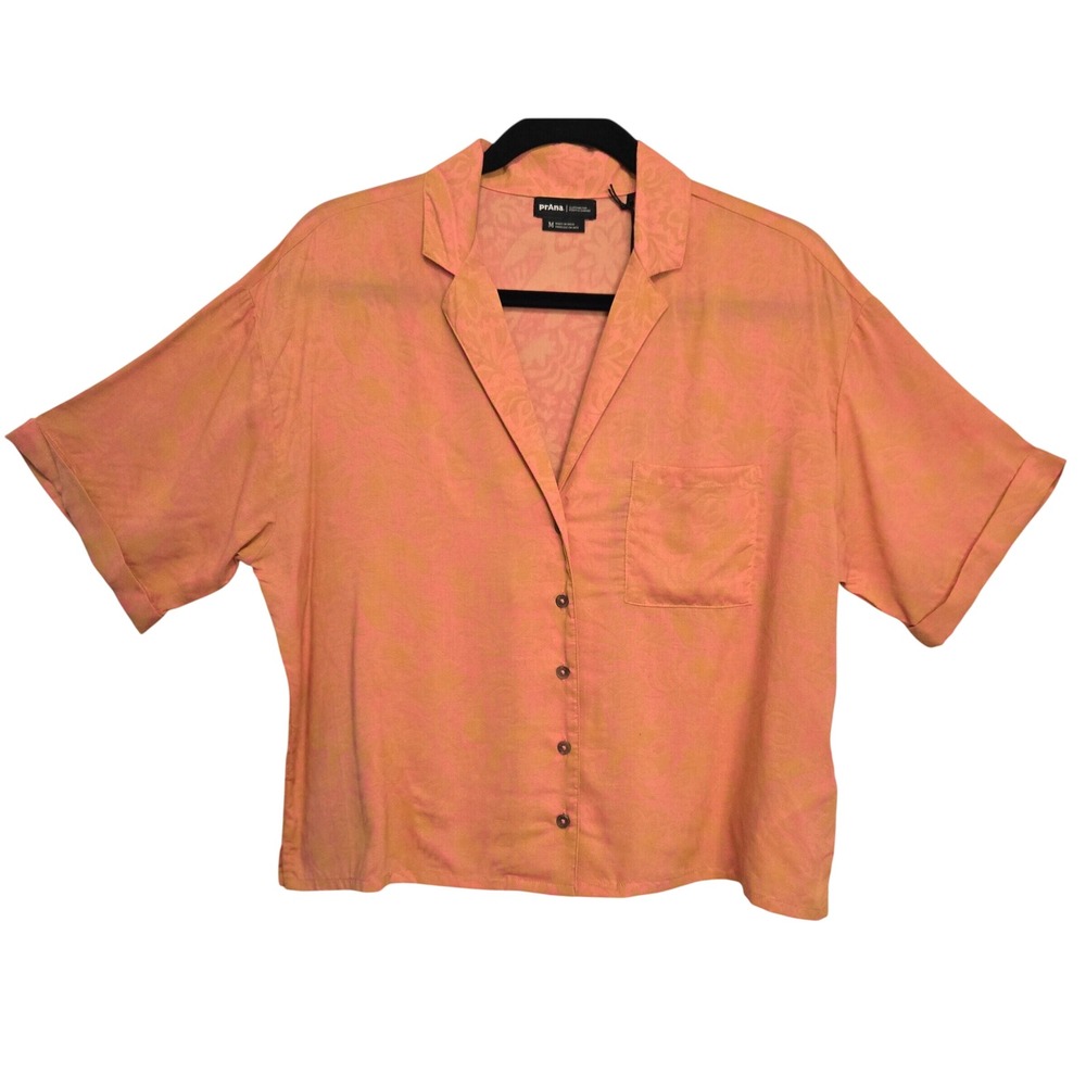 Prana Iguala Cropped Top M Fresca Flora Fauna Peach Floral Tencel Button Up NWT